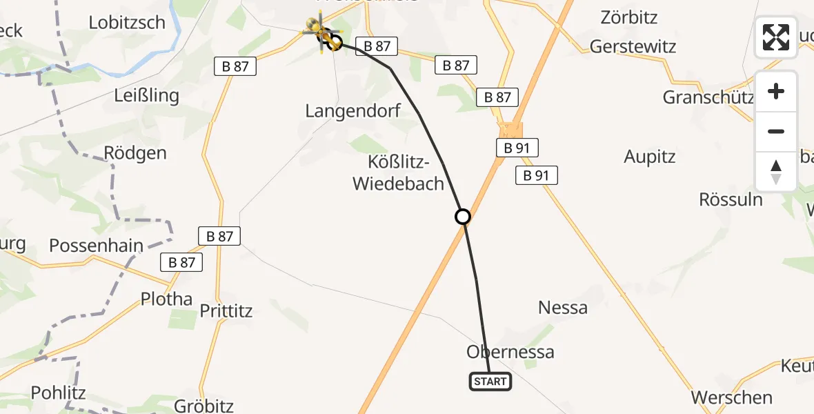 Flugroute Rettungshubschrauber Teuchern - Asklepios Clinic Weißenfels, 04 Mai 2026, 12:22