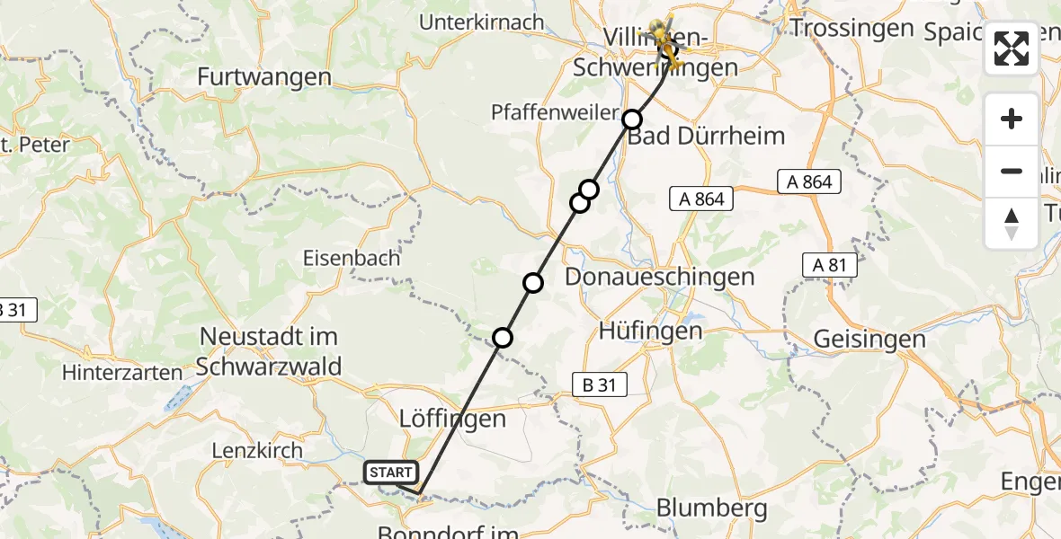 Flugroute Ambulanzhubschrauber Löffingen - DRF Air Rescue Station Villingen-Schwenningen Hubschrauberlandeplatz (Christoph 11), 04 Mai 2026, 12:22