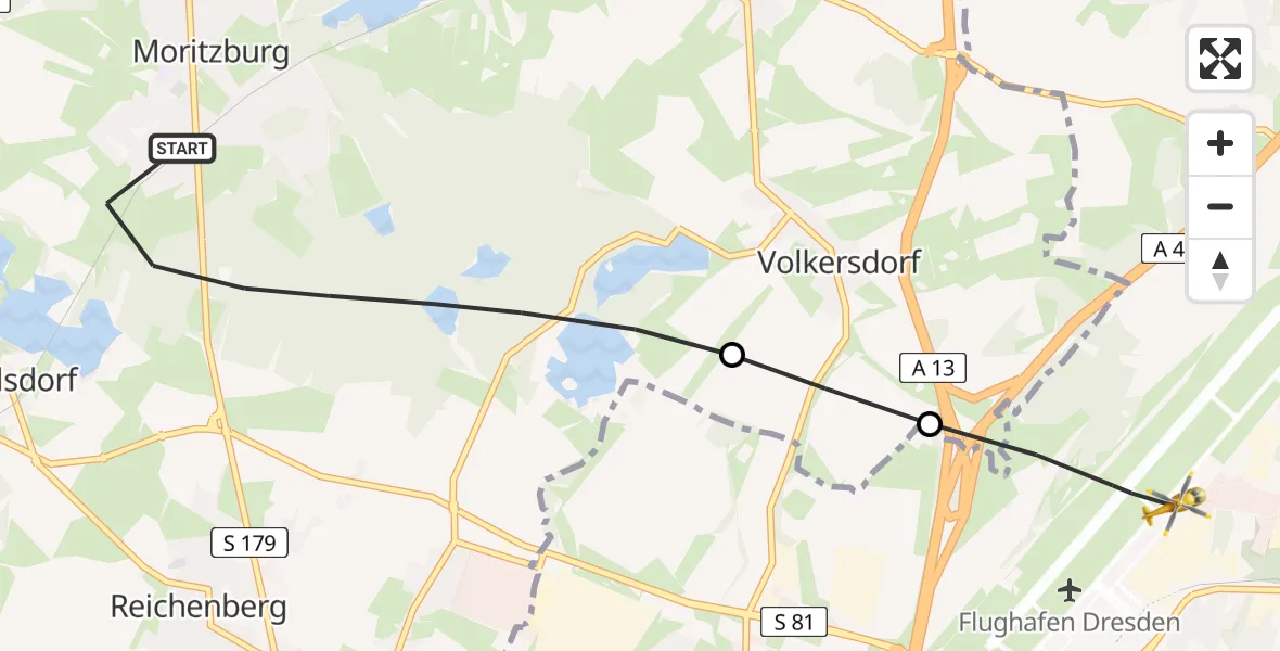 Flugroute Rettungshubschrauber Moritzburg - Dresden Bundespolizei Hubschrauberlandeplatz, 04 Mai 2026, 12:24