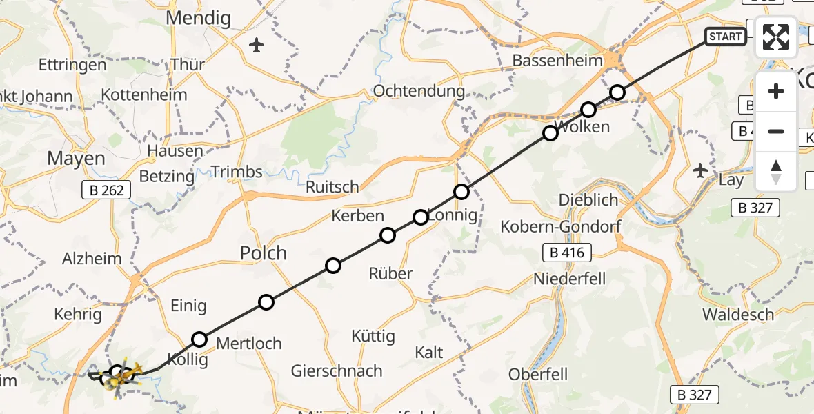 Flugroute Rettungshubschrauber Koblenz - Kaifenheim, 04 Mai 2026, 12:29