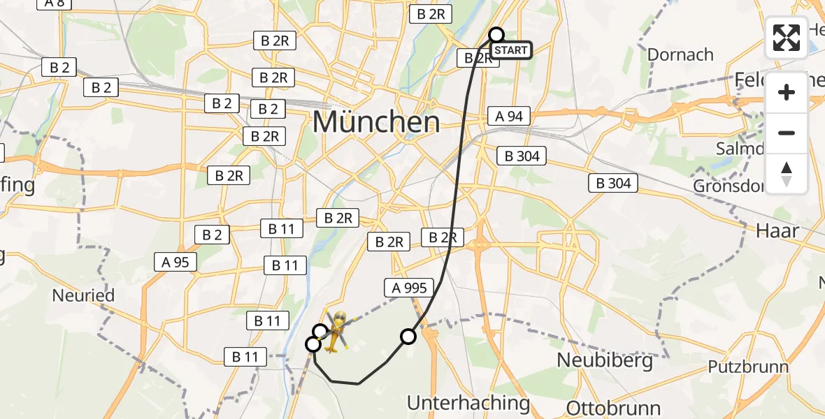 Flugroute Rettungshubschrauber München Bogenhausen Hospital - ADAC Air Rescue Center Hubschrauberlandeplatz (Christoph 1), 04 Mai 2026, 12:31