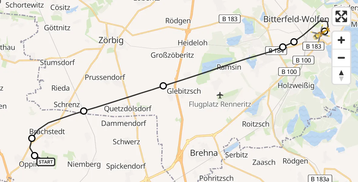 Flugroute Rettungshubschrauber Halle-Oppin Flugplatz - Bitterfield-Wolfen Health Center Hubschrauberlandeplatz, 04 Mai 2026, 12:37