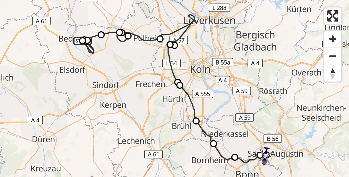 Flugroute Polizeihubschrauber Bedburg - Bonn-Hangelar Flugplatz, 04 Mai 2026, 12:38