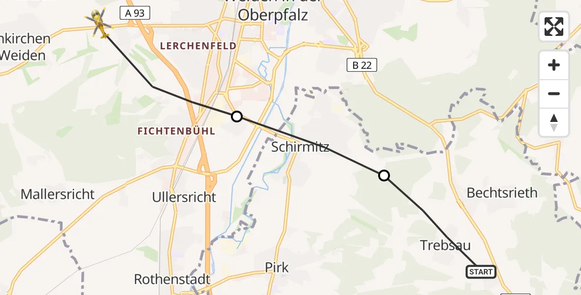 Flugroute Rettungshubschrauber Bechtsrieth - Weiden i.d.OPf., 04 Mai 2026, 12:39