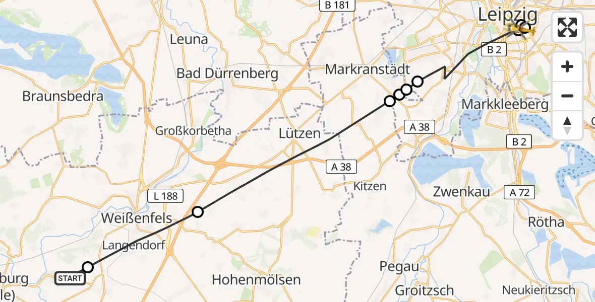 Flugroute Rettungshubschrauber Schönburg - Leipzig University Hospital Heliport 2, 04 Mai 2026, 12:45