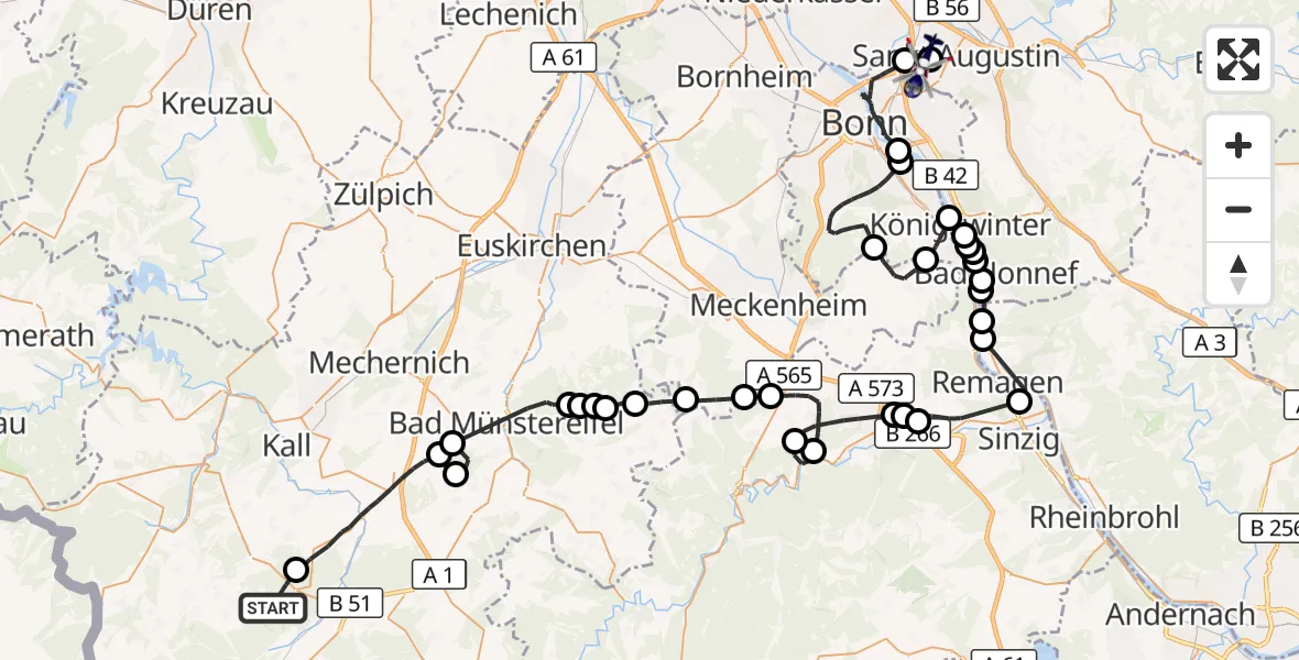 Flugroute Polizeihubschrauber Hellenthal - Bonn-Hangelar Flugplatz, 04 Mai 2026, 12:45