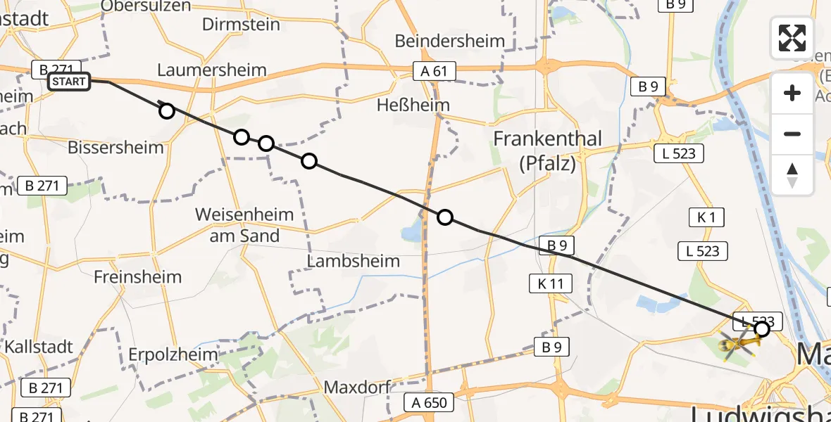 Flugroute Rettungshubschrauber Kirchheim an der Weinstraße - Ludwigshafen am Rhein, 04 Mai 2026, 12:48