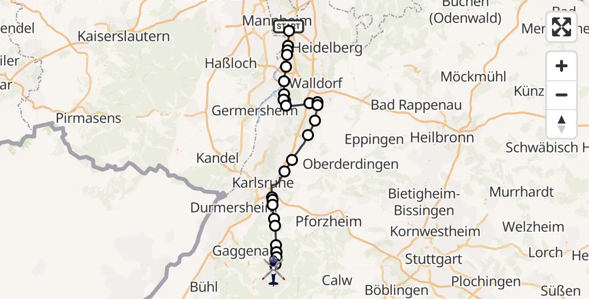 Flugroute Polizeihubschrauber Mannheim-City Flughafen - Gernsbach, 04 Mai 2026, 12:50