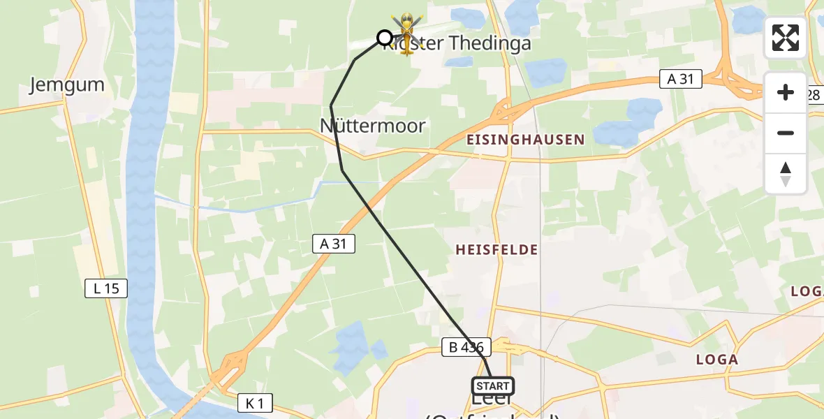 Flugroute Ambulanzhubschrauber Leer (Ostfriesland) - Flugplatz Leer-Papenburg, 04 Mai 2026, 12:58