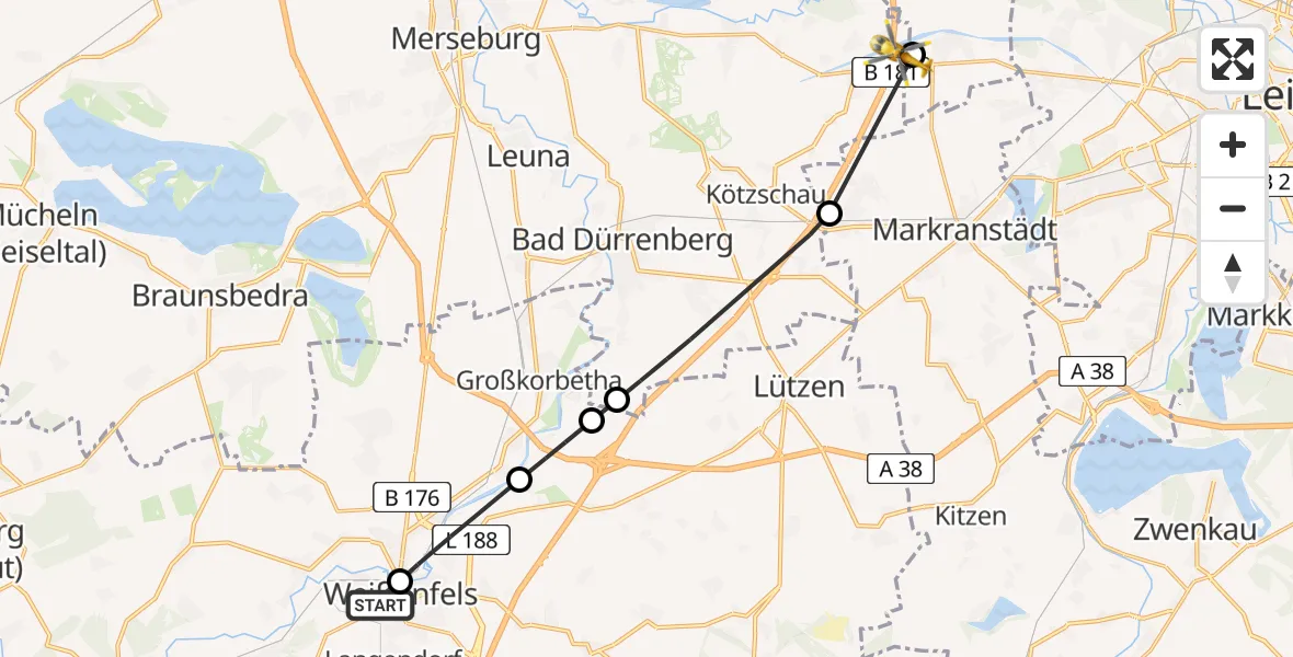 Flugroute Rettungshubschrauber Asklepios Clinic Weißenfels - ADAC Air Rescue Station Leipzig/Schkeuditz-Dölzig Hubschrauberlandeplatz (Christoph 61), 04 Mai 2026, 13:01