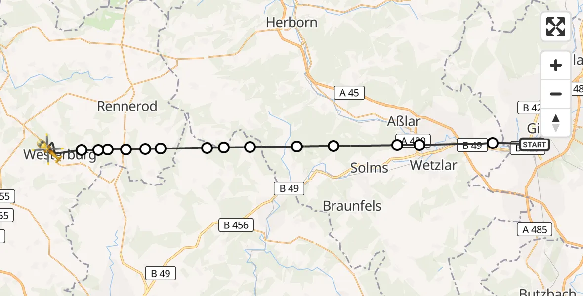Flugroute Rettungshubschrauber Gießen - Westerburg, 04 Mai 2026, 13:04
