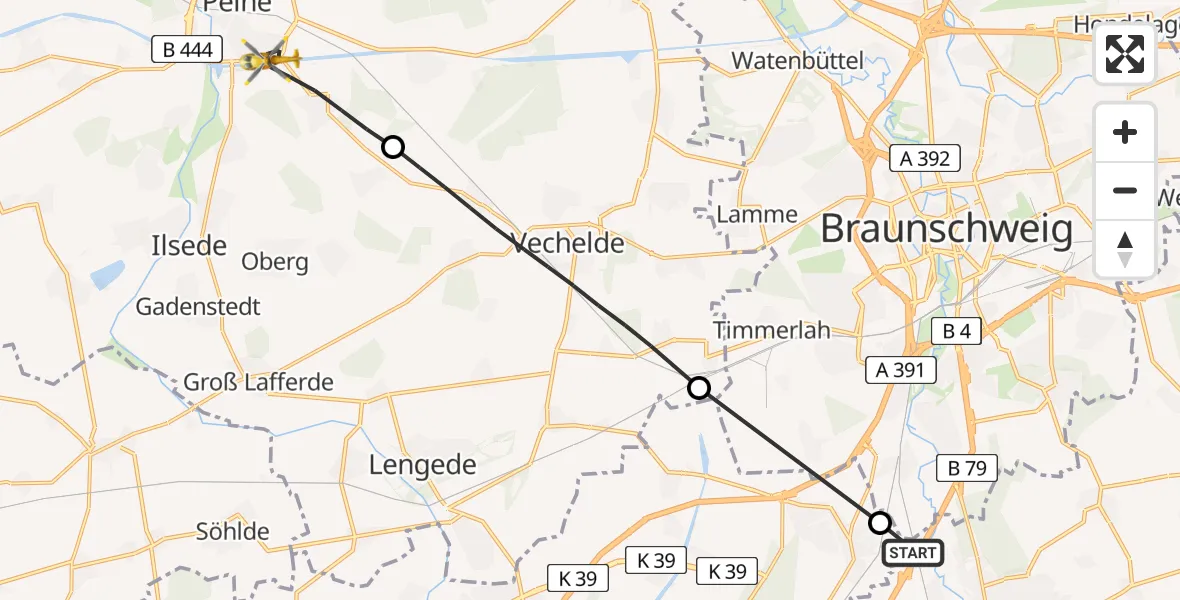 Flugroute Rettungshubschrauber Wolfenbüttel - Peine, 04 Mai 2026, 13:06