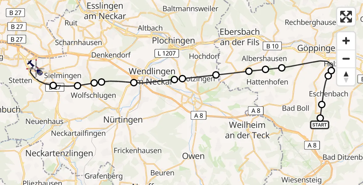 Flugroute Polizeihubschrauber Gruibingen-Nortel Flugplatz - Flughafen Stuttgart, 04 Mai 2026, 13:08