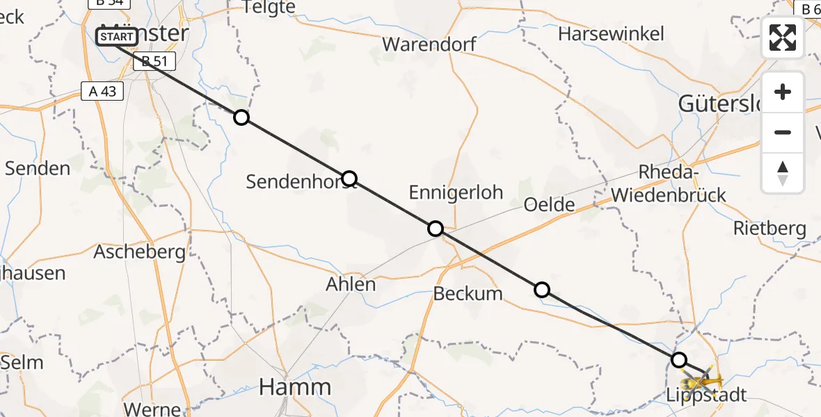 Flugroute Ambulanzhubschrauber Münster - Lippstadt, 04 Mai 2026, 13:08