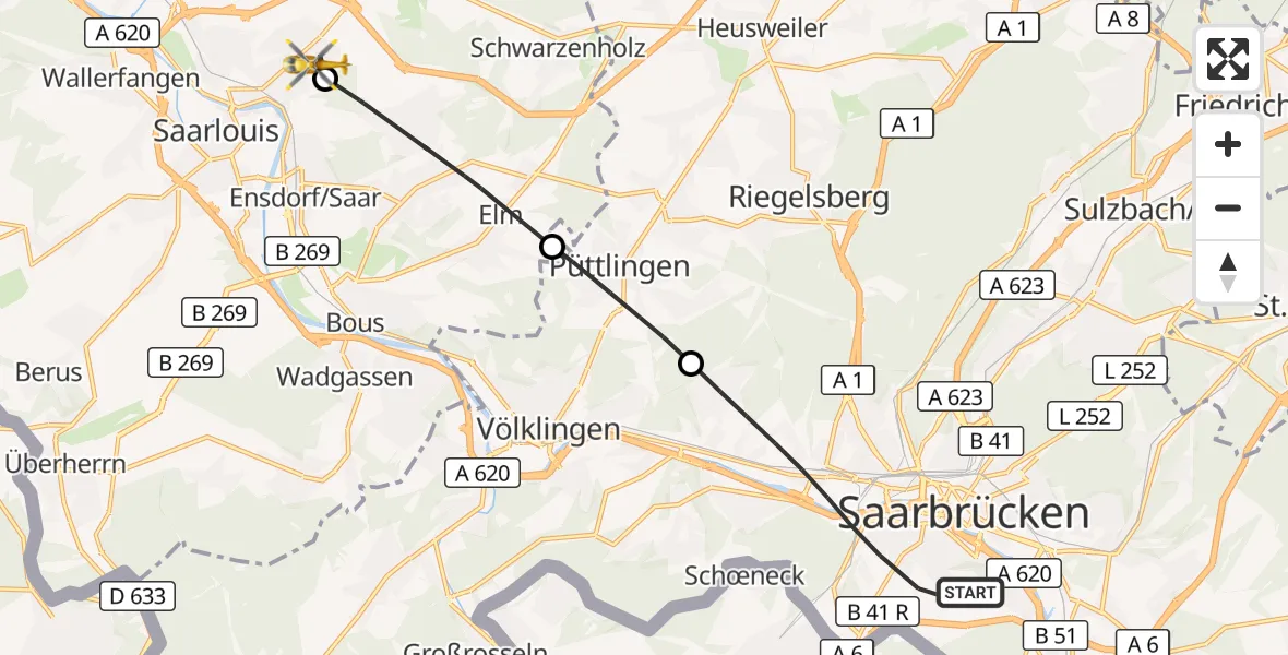 Flugroute Rettungshubschrauber Saarbrücken - Saarlouis, 04 Mai 2026, 13:09