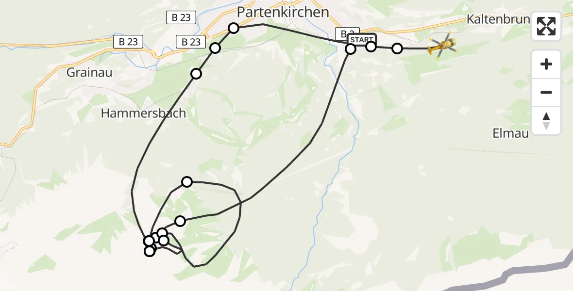 Flugroute Rettungshubschrauber Garmisch-Partenkirchen Clinic Hubschrauberlandeplatz - Garmisch-Partenkirchen, 04 Mai 2026, 13:27