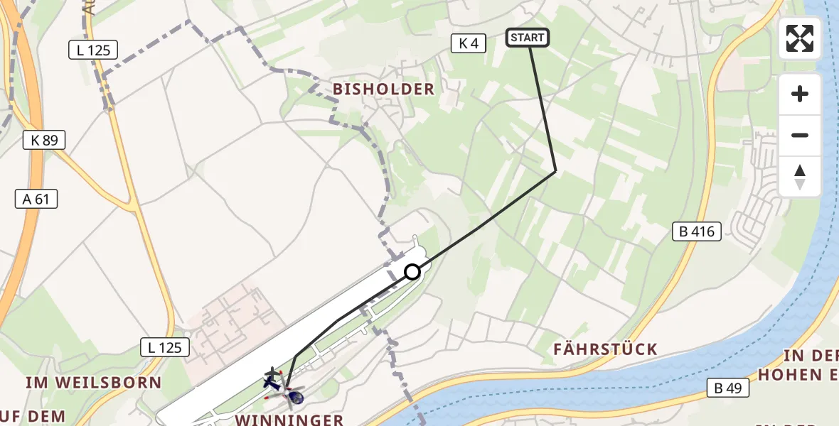 Flugroute Polizeihubschrauber Koblenz - Koblenz-Winningen Flugplatz, 04 Mai 2026, 13:32