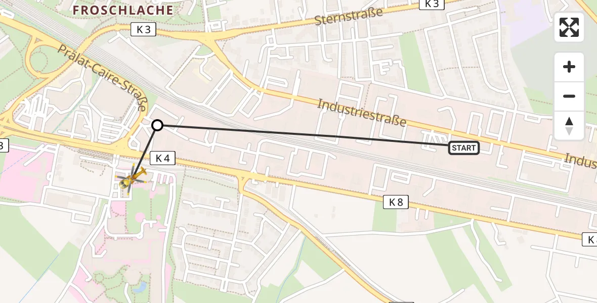 Flugroute Rettungshubschrauber Ludwigshafen am Rhein - Ludwigshafen Accident Hospital, 04 Mai 2026, 13:32