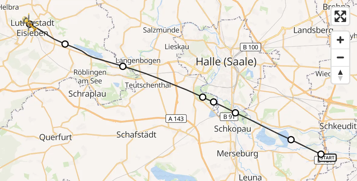 Flugroute Rettungshubschrauber ADAC Air Rescue Station Leipzig/Schkeuditz-Dölzig Hubschrauberlandeplatz (Christoph 61) - Helios Hospital Lutherstadt Eisleben, 04 Mai 2026, 13:34