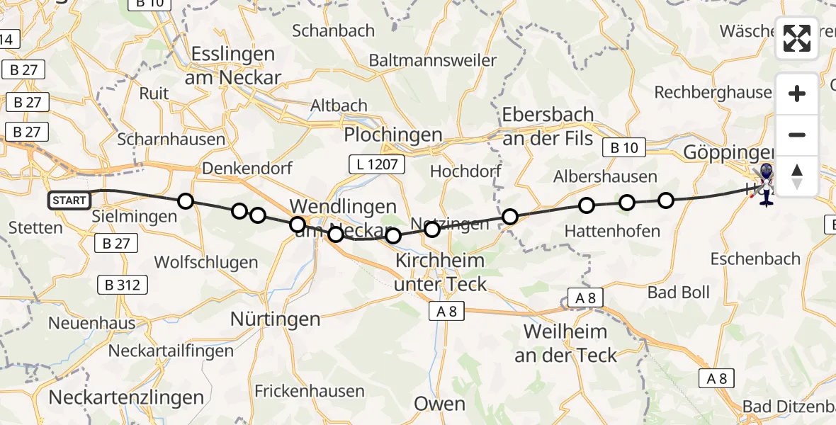 Flugroute Polizeihubschrauber Flughafen Stuttgart - Göppingen, 04 Mai 2026, 13:45