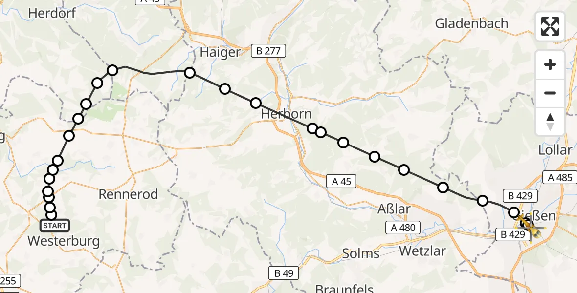 Flugroute Rettungshubschrauber Westerburg - Gießen University Hospital, 04 Mai 2026, 13:46