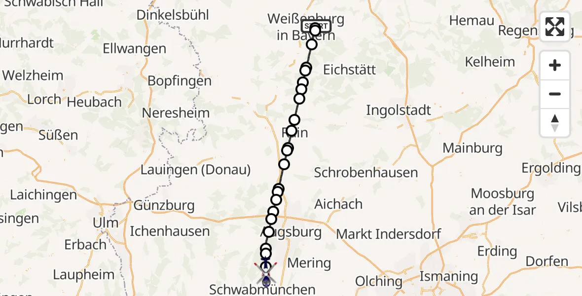Flugroute Polizeihubschrauber Weißenburg i.Bay. - Großaitingen, 04 Mai 2026, 13:48