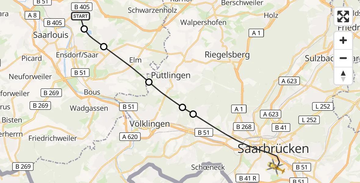 Flugroute Rettungshubschrauber Saarlouis - Saarbrücken, 04 Mai 2026, 13:49