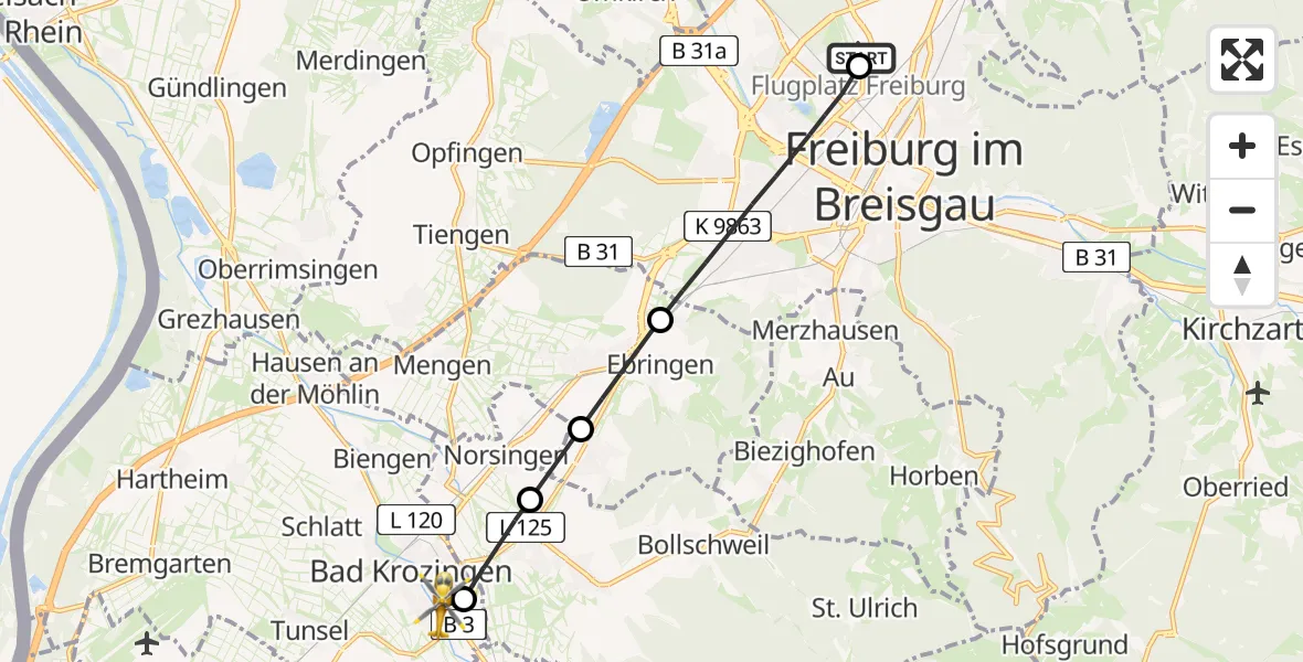 Flugroute Rettungshubschrauber Freiburg im Breisgau Flugplatz - Bad Krozingen, 04 Mai 2026, 13:50