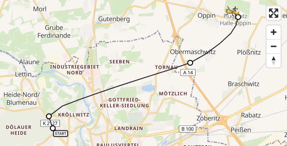 Flugroute Rettungshubschrauber Halle (Saale) University Hospital - Halle-Oppin Flugplatz, 04 Mai 2026, 13:51