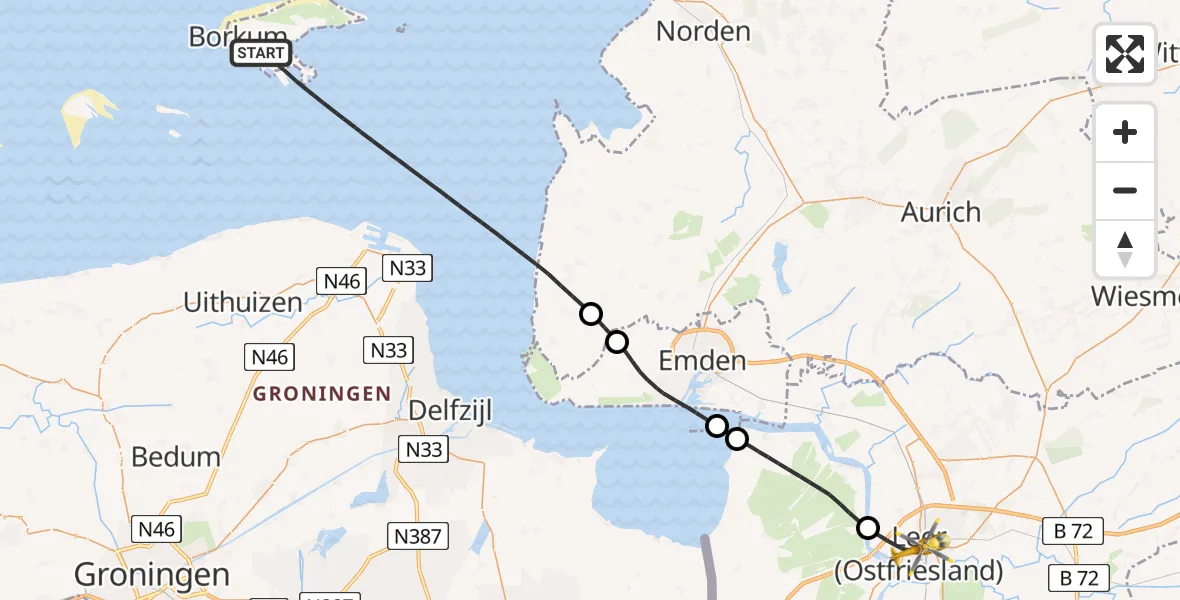 Flugroute Ambulanzhubschrauber Noordzee - Leer (Ostfriesland), 04 Mai 2026, 13:54