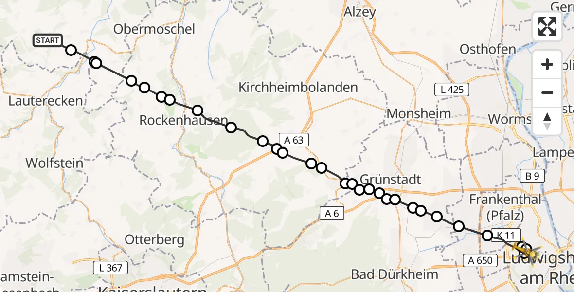 Flugroute Rettungshubschrauber Jeckenbach - Ludwigshafen Accident Hospital, 04 Mai 2026, 13:55