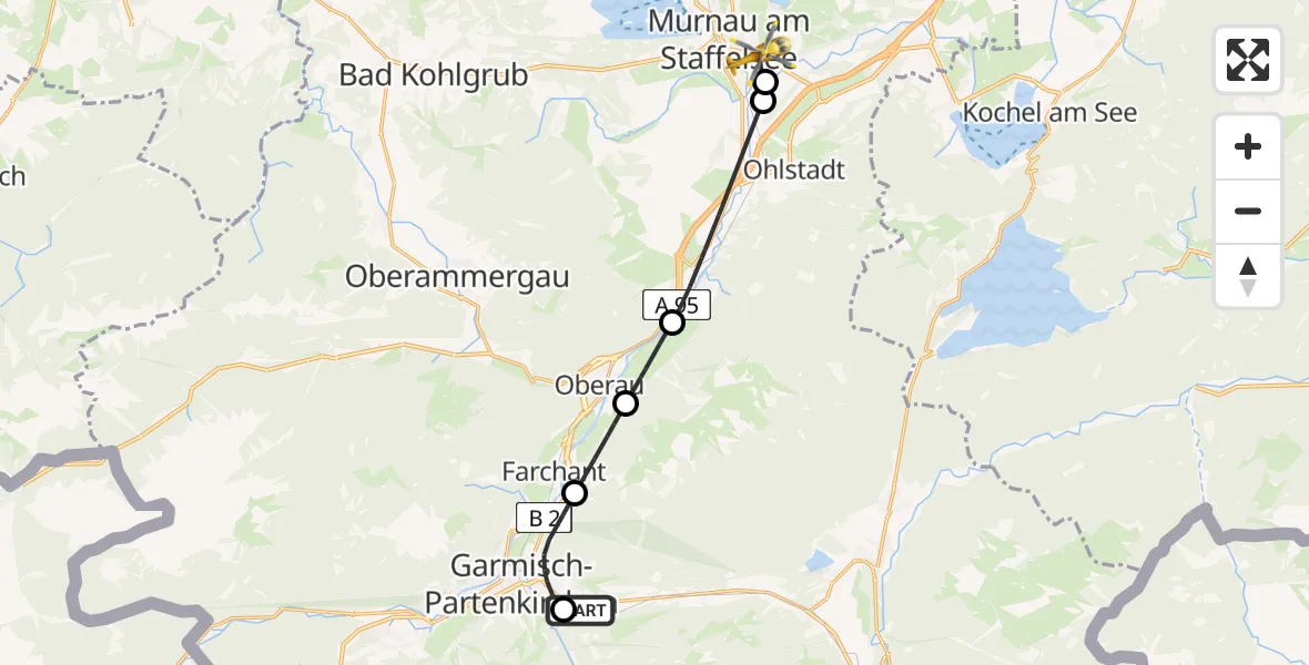 Flugroute Rettungshubschrauber Garmisch-Partenkirchen Clinic Hubschrauberlandeplatz - Murnau Accident Hospital, 04 Mai 2026, 14:01