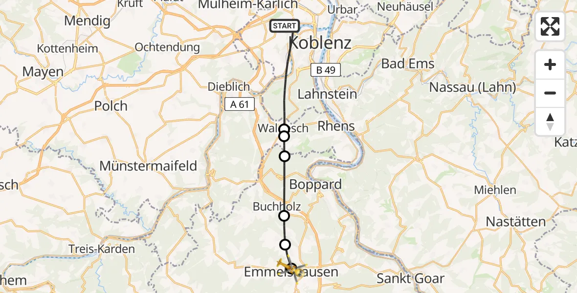 Flugroute Rettungshubschrauber Koblenz - Emmelshausen, 04 Mai 2026, 14:07