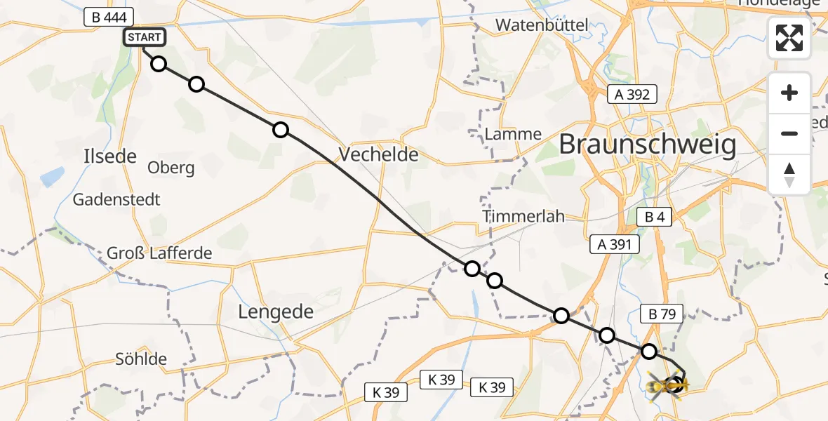 Flugroute Rettungshubschrauber Peine - Wolfenbüttel Municipal Hospital Heliport (Christoph 30), 04 Mai 2026, 14:12