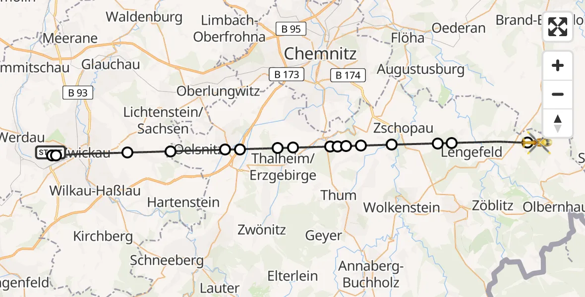 Flugroute Rettungshubschrauber ADAC Air Rescue Station Zwickau Hubschrauberlandeplatz - Olbernhau, 04 Mai 2026, 14:15