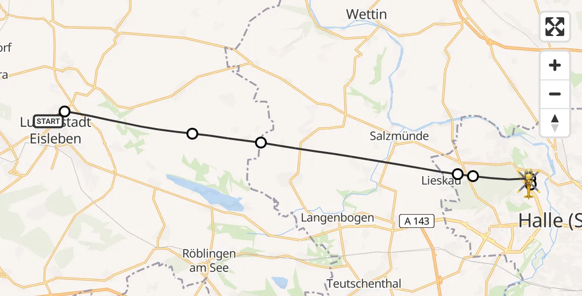 Flugroute Rettungshubschrauber Helios Hospital Lutherstadt Eisleben - Halle (Saale) University Hospital, 04 Mai 2026, 14:21