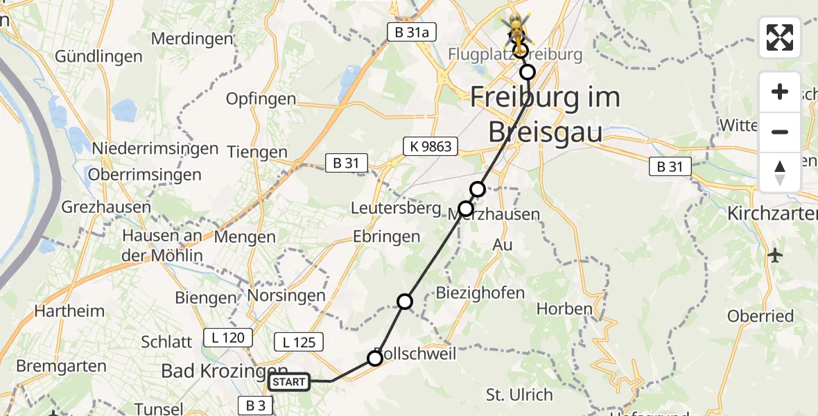 Flugroute Rettungshubschrauber Ehrenkirchen - Freiburg im Breisgau Flugplatz, 04 Mai 2026, 14:22