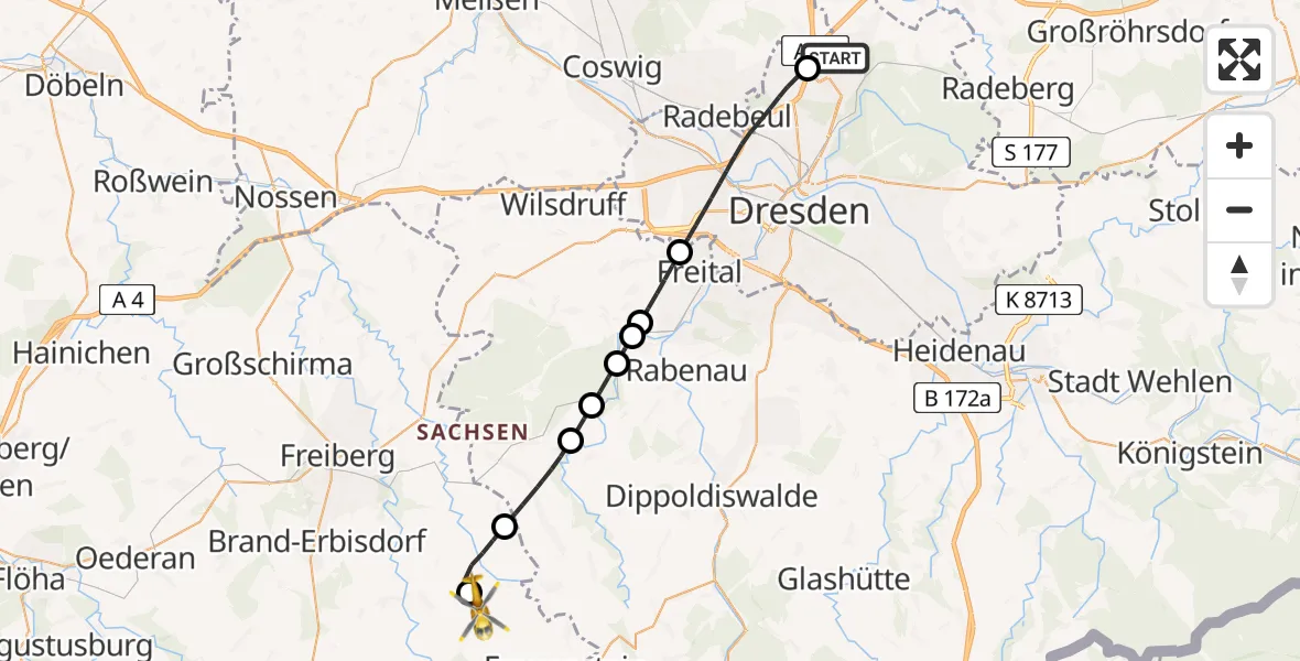 Flugroute Rettungshubschrauber Dresden Flughafen - Frauenstein, 04 Mai 2026, 14:25