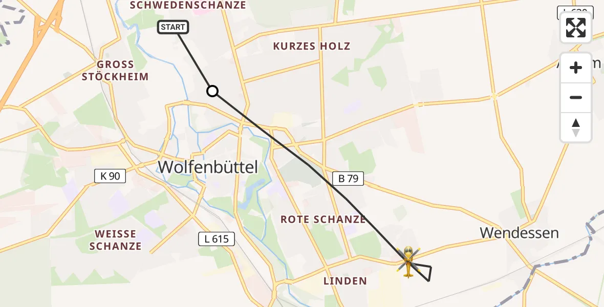 Flugroute Rettungshubschrauber Wolfenbüttel Municipal Hospital Heliport (Christoph 30) - Wolfenbüttel, 04 Mai 2026, 14:26