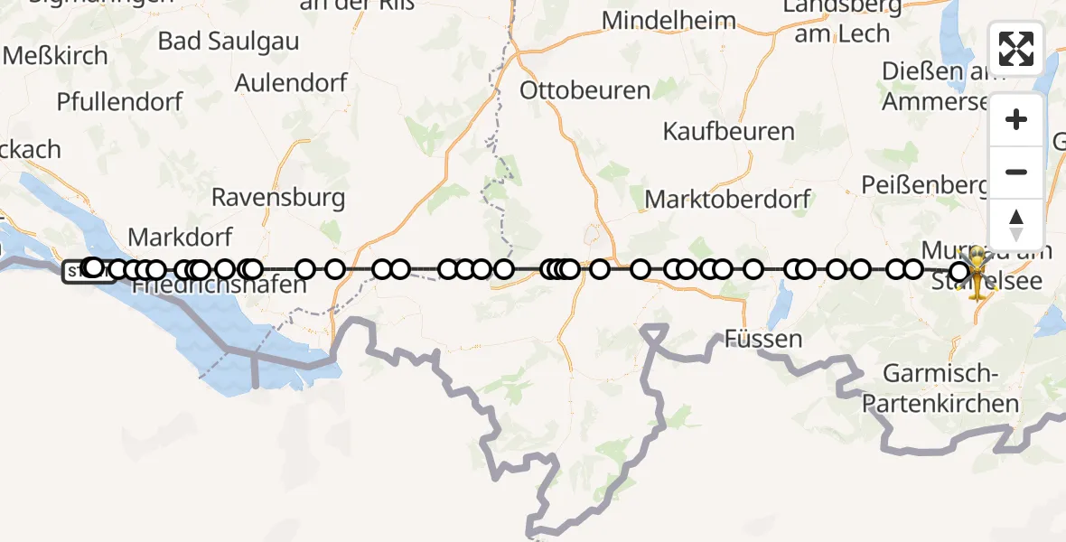 Flugroute Rettungshubschrauber Konstanz Hospital - Murnau a.Staffelsee, 04 Mai 2026, 14:28