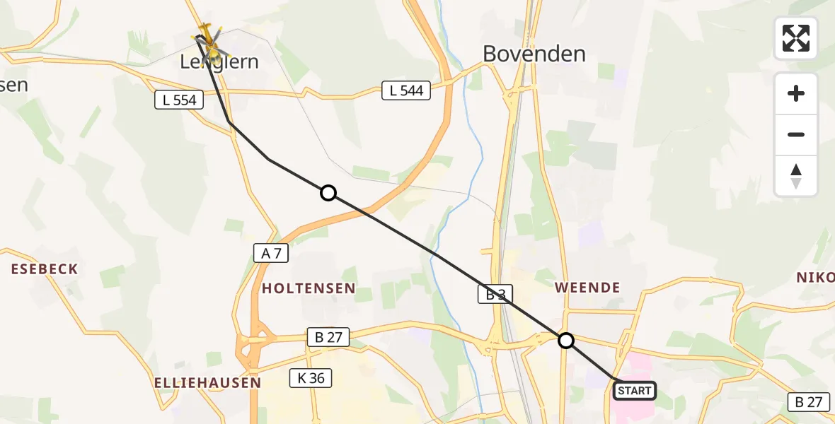 Flugroute Rettungshubschrauber Göttingen University Clinic Hubschrauberlandeplatz - Bovenden, 04 Mai 2026, 14:29