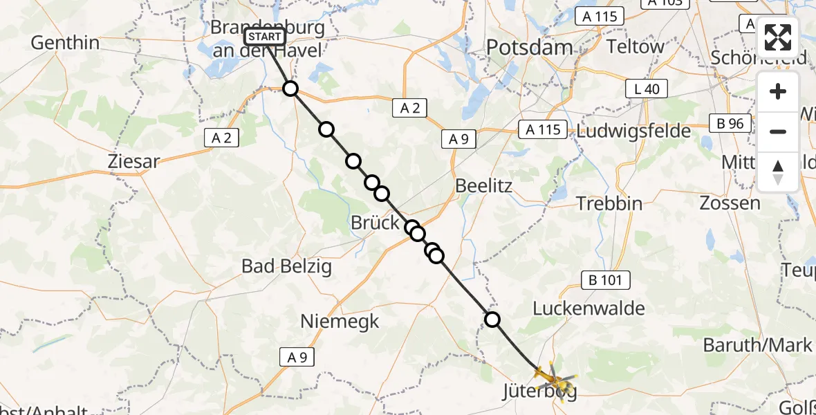 Flugroute Rettungshubschrauber Brandenburg an der Havel - Jüterbog, 04 Mai 2026, 14:39
