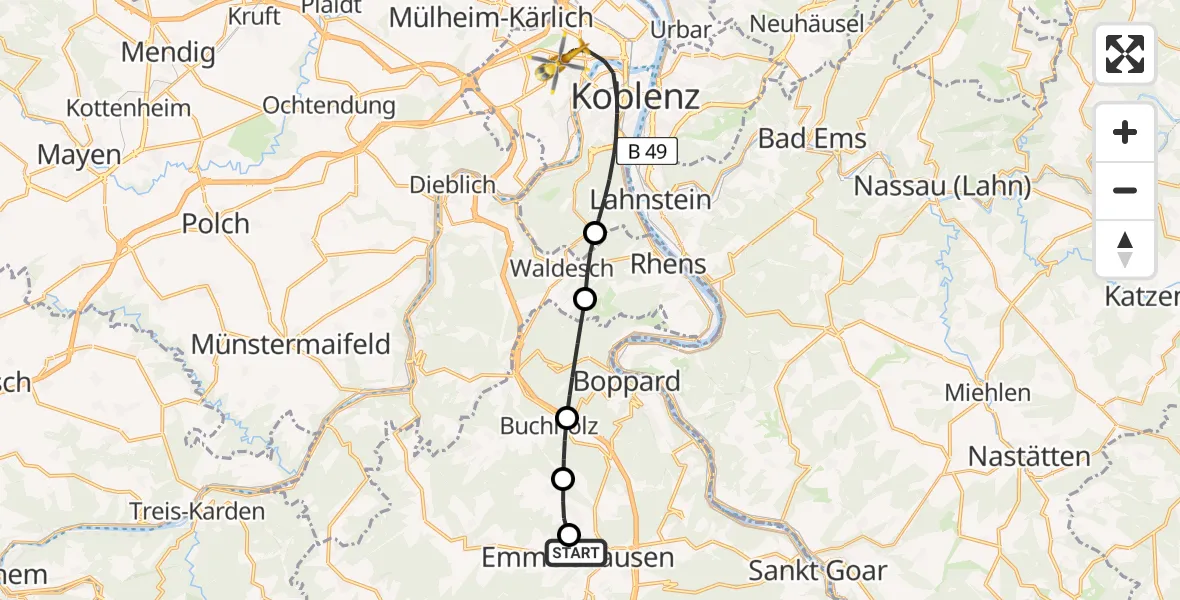 Flugroute Rettungshubschrauber Emmelshausen - Koblenz, 04 Mai 2026, 14:45