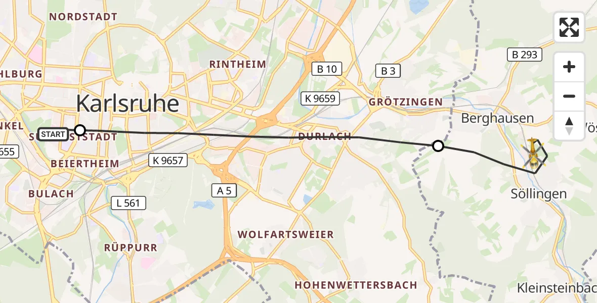 Flugroute Rettungshubschrauber Sankt Vincentius Hospital - Pfinztal, 04 Mai 2026, 14:50