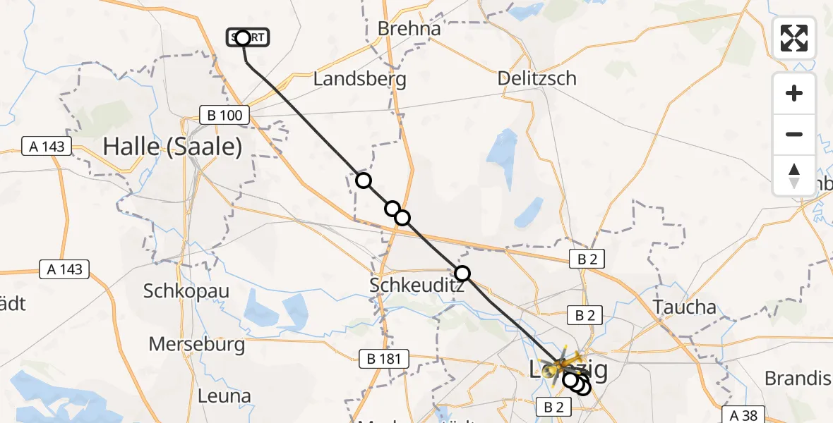 Flugroute Rettungshubschrauber Halle-Oppin Flugplatz - Leipzig, 04 Mai 2026, 15:00