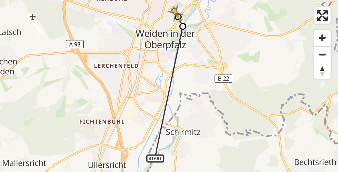 Flugroute Rettungshubschrauber Schirmitz - Weiden Hospital, 04 Mai 2026, 15:02