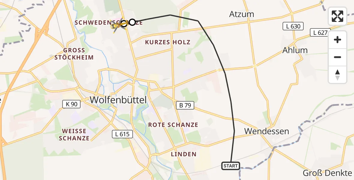 Flugroute Rettungshubschrauber Wolfenbüttel - Wolfenbüttel Municipal Hospital Heliport (Christoph 30), 04 Mai 2026, 15:03