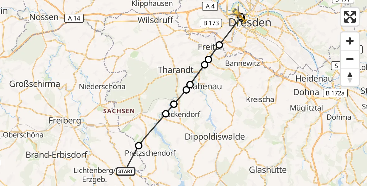 Flugroute Rettungshubschrauber Bobritzsch-Hilbersdorf - Dresden Friedrichstadt Hospital, 04 Mai 2026, 15:12