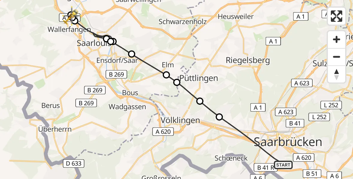 Flugroute Rettungshubschrauber Saarbrücken - Wallerfangen, 04 Mai 2026, 15:15