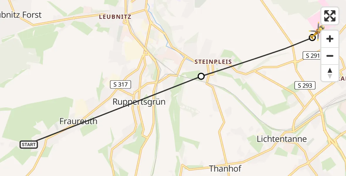 Flugroute Rettungshubschrauber Fraureuth - ADAC Air Rescue Station Zwickau Hubschrauberlandeplatz, 04 Mai 2026, 15:16